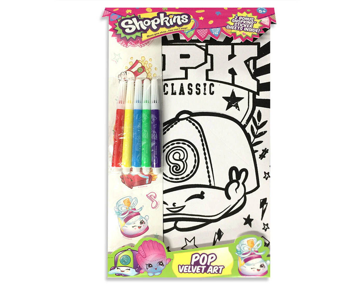 Shopkins Pop Velvet Art Kids Craft Kit Colouring Sheet w/Markers/Stickers 5y+