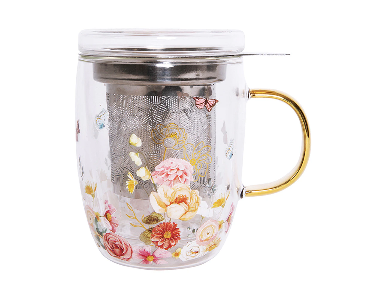 Ashdene 380ml Springtime Soiree Double Walled Glass Tea Cup/Lid w/Steel Infuser