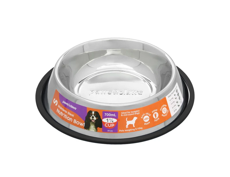 Paws & Claws 700mL Stainless Steel Anti-Skid Pet Bowl