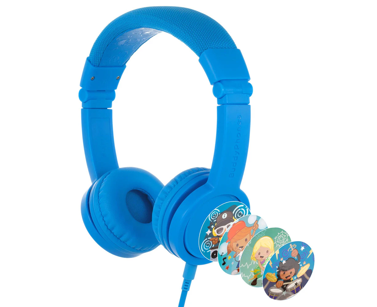 BuddyPhones Explore Plus Kids Wired Headphones/Headset w/ Stickers Cool Blue