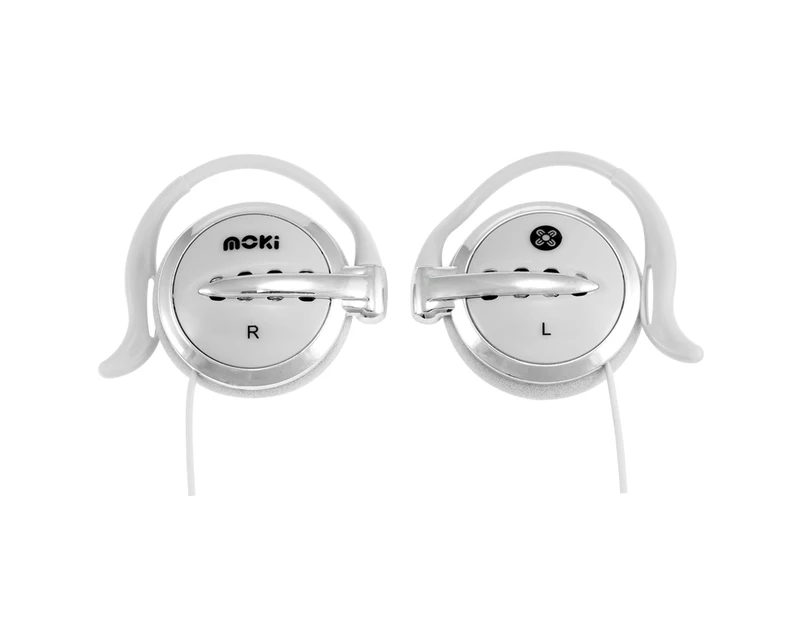 Moki Headphones Clip On 3.5mm Earphones w/ Ear Hooks for iPhone/Android White