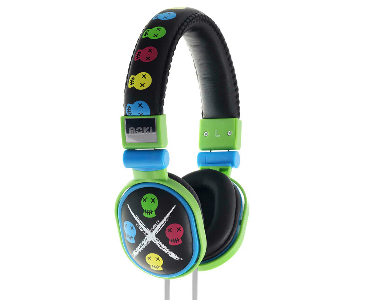 Moki Popper Children/Kids Headphones Over Ear Cup Stereo Headband Skull Black