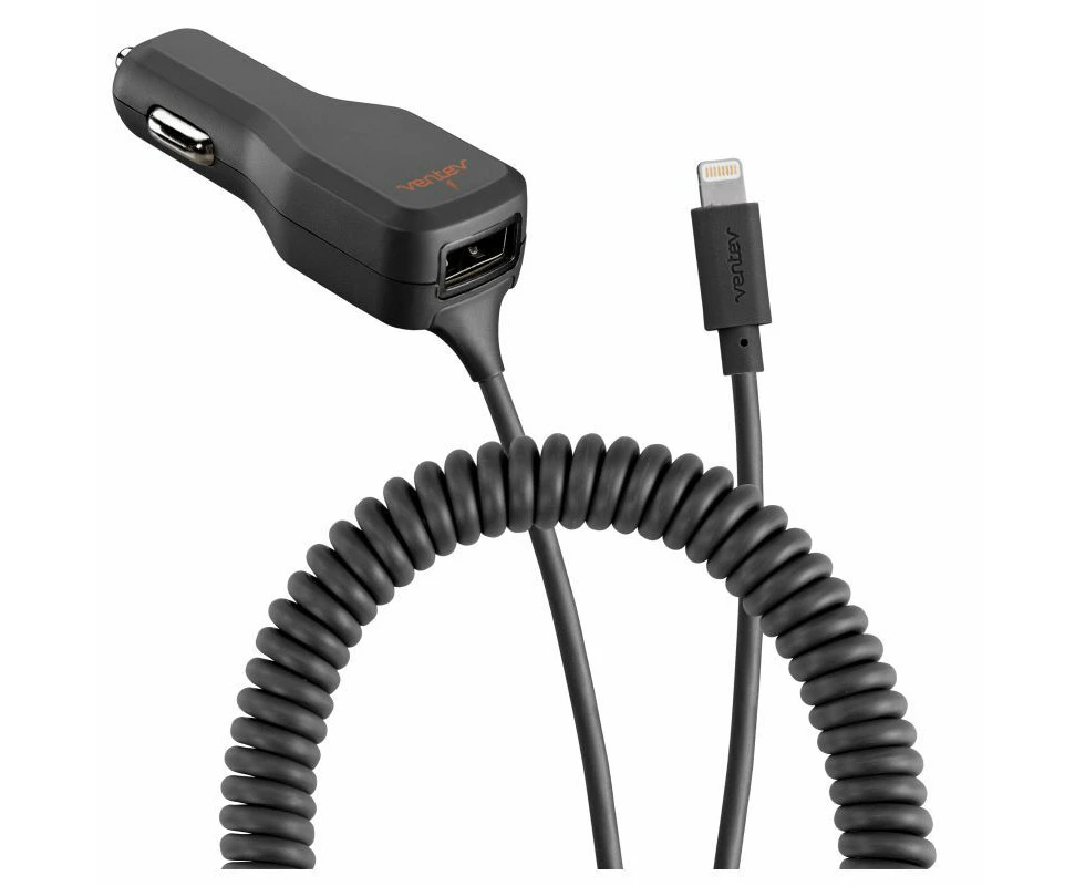 Ventev USB-A MFI-Certified Lightning Coiled Cable Dual Car Charger for iPhone