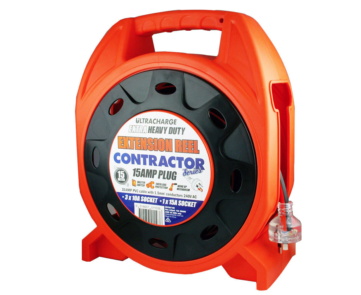 Ultracharge 15m Contractor Extension Reel Heavy Duty 15A Electric Cable Orange