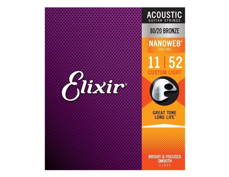 Elixir #11027 Acoustic Nano Guitar String 80/20 Bronze 11-52 Custom Light Gauge