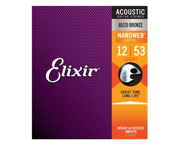 Elixir #11052 Acoustic Nanoweb Guitar String 80/20 Bronze 12-53 Light Gauge