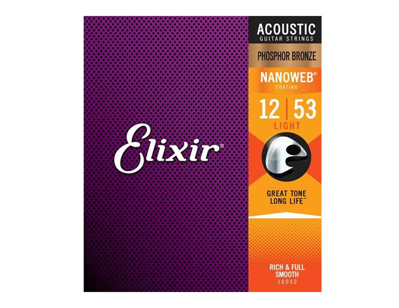 Elixir #16052 Acoustic Nanoweb Phosphor Bronze Guitar String 12-53 Light Gauge