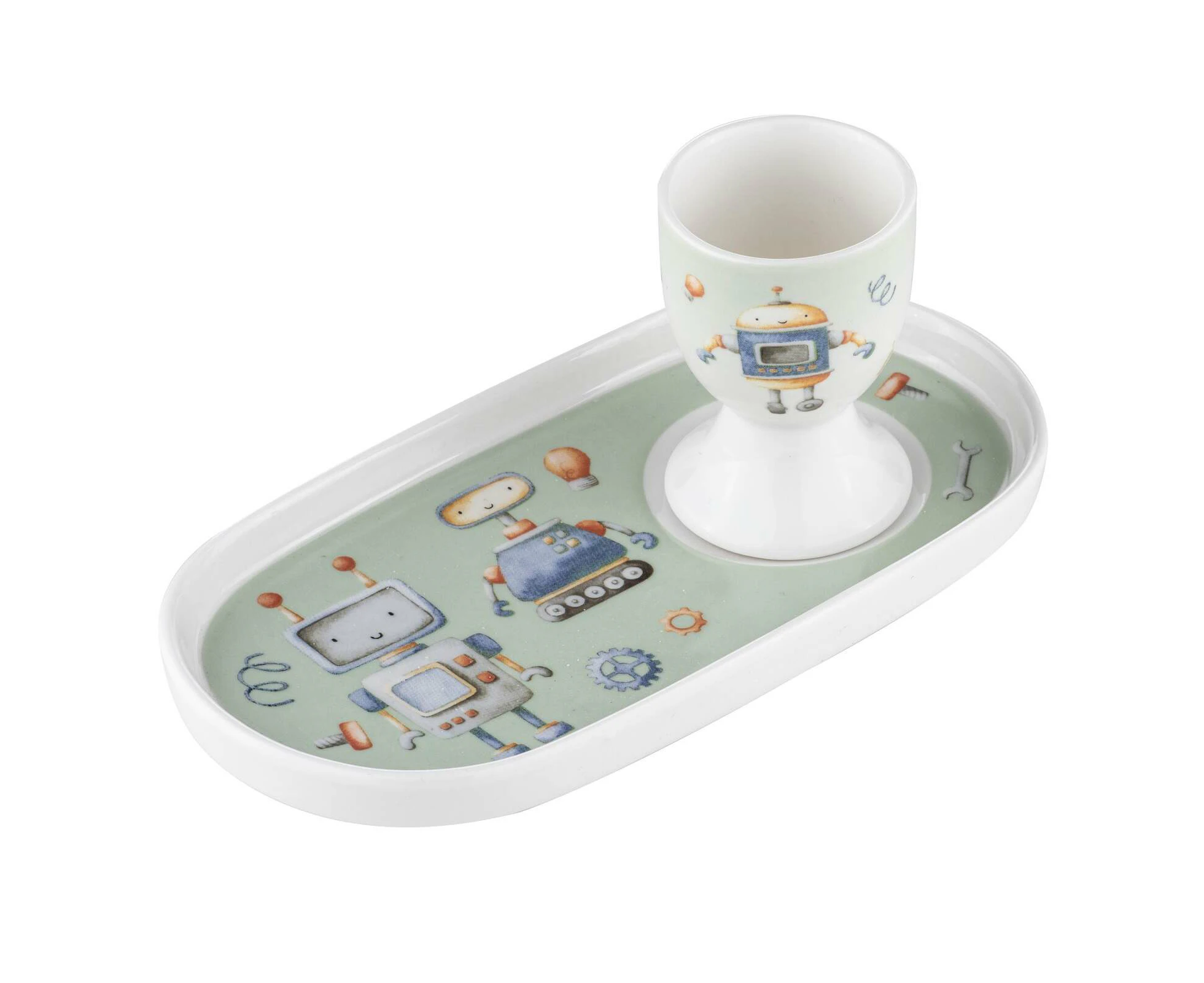 Ashdene Robots Soldier Kids New Bone China Egg Cup & Snack/Dinner Plate Set