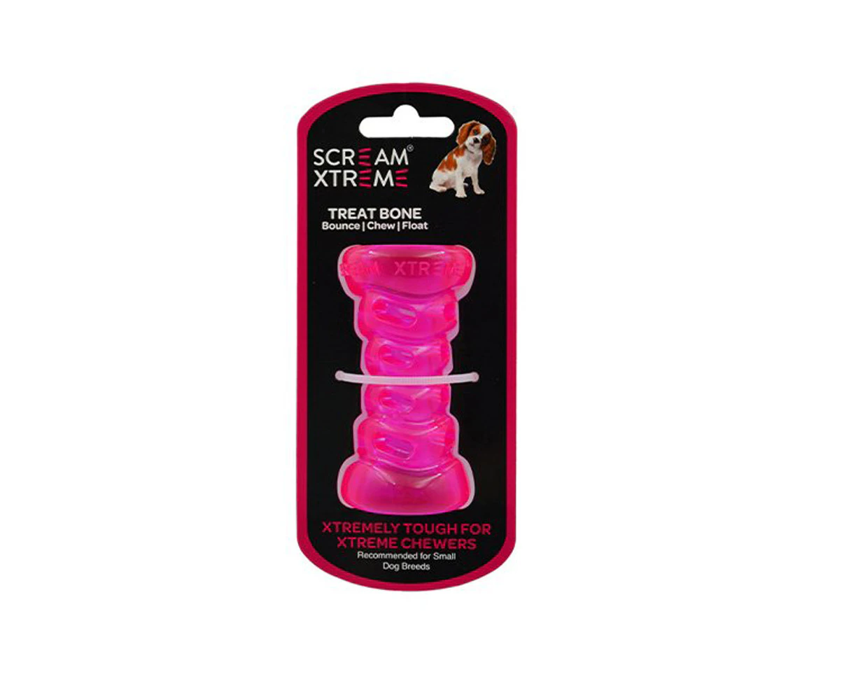 Scream Xtreme Treat Bone Treat Dispensing Dog Toy Loud Pink Small 9cm