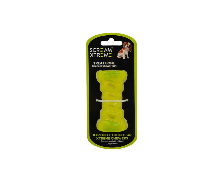 Scream Xtreme Treat Bone Treat Dispensing Dog Toy Loud Green Small 9cm