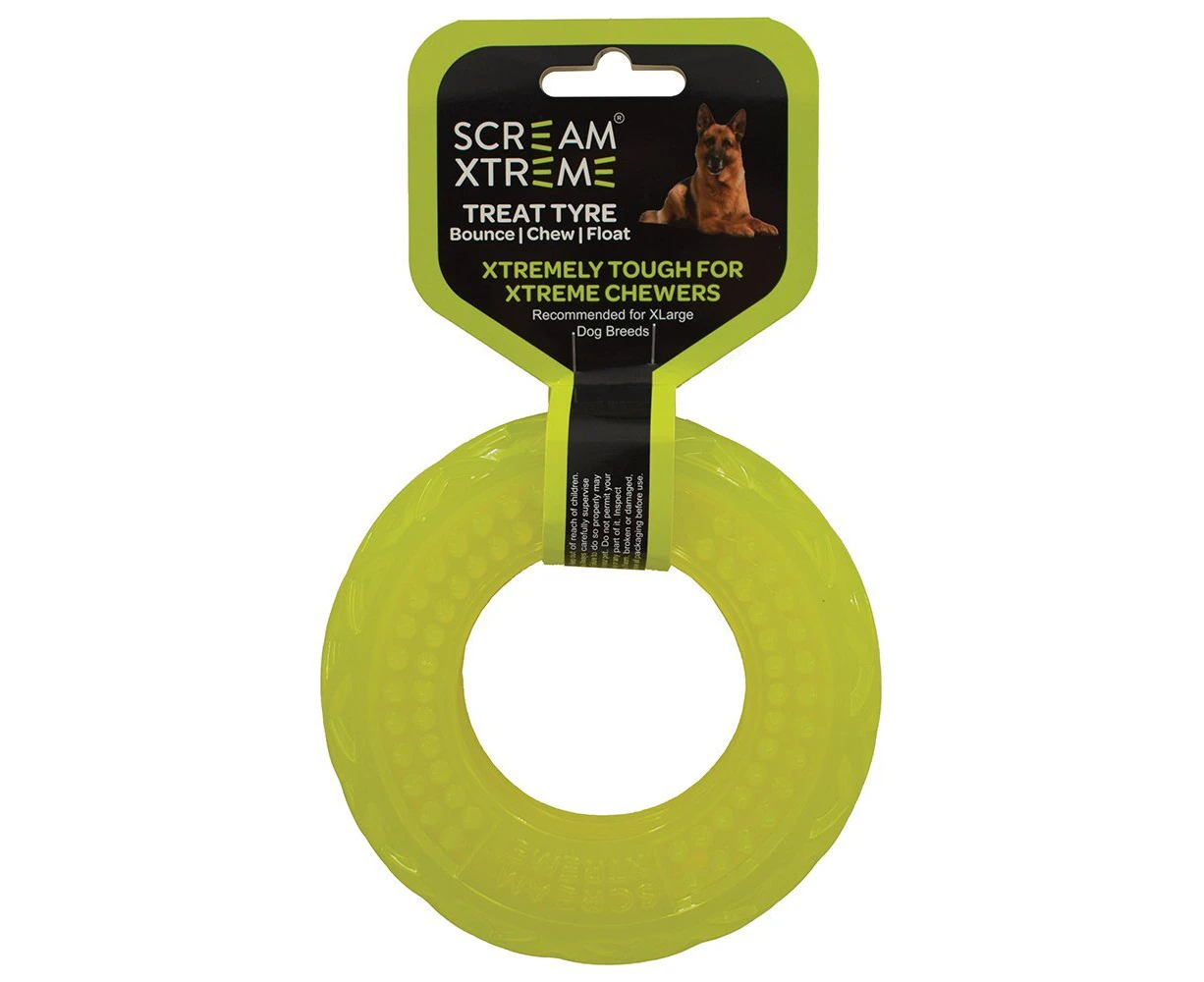 Scream Xtreme Treat Tyre Dog Chew Toy Loud Green XL