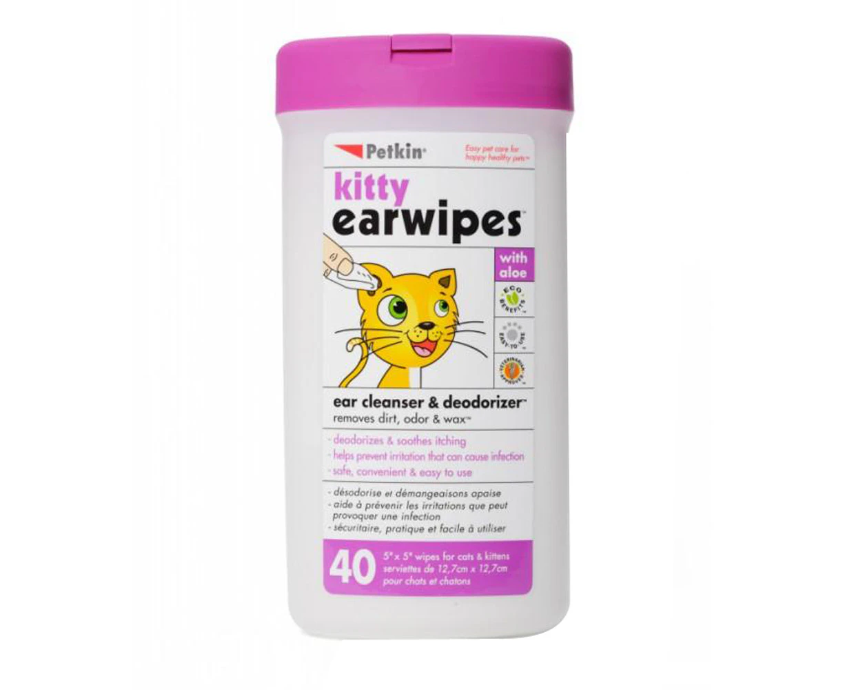 Kitty Earwipes Ear Cleanser & Deodorizer for Cats & Kittens - Petkin - 40 Wipes