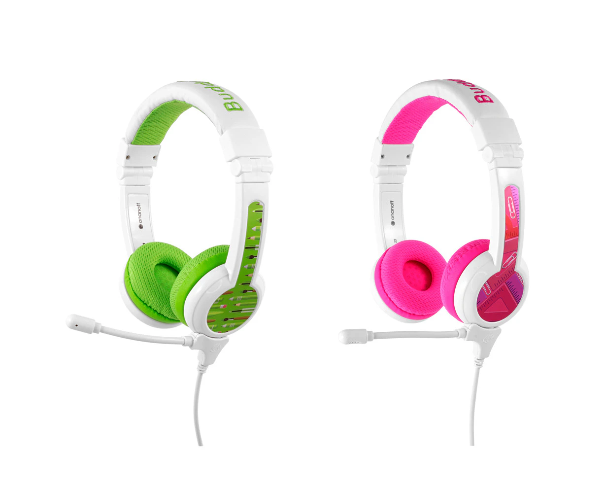 2pc BuddyPhones School Plus Wired Headphones/Headset w/ Boom Mic Pink/Green Kids