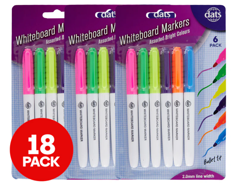 3 x Dats Bright Whiteboard Markers 6-Pack - Assorted
