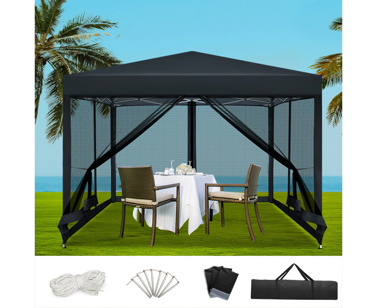 InstaHut Gazebo Pop Up Marquee 3x3m Wedding Party Outdoor Camping Tent Canopy Shade Mesh Wall Black