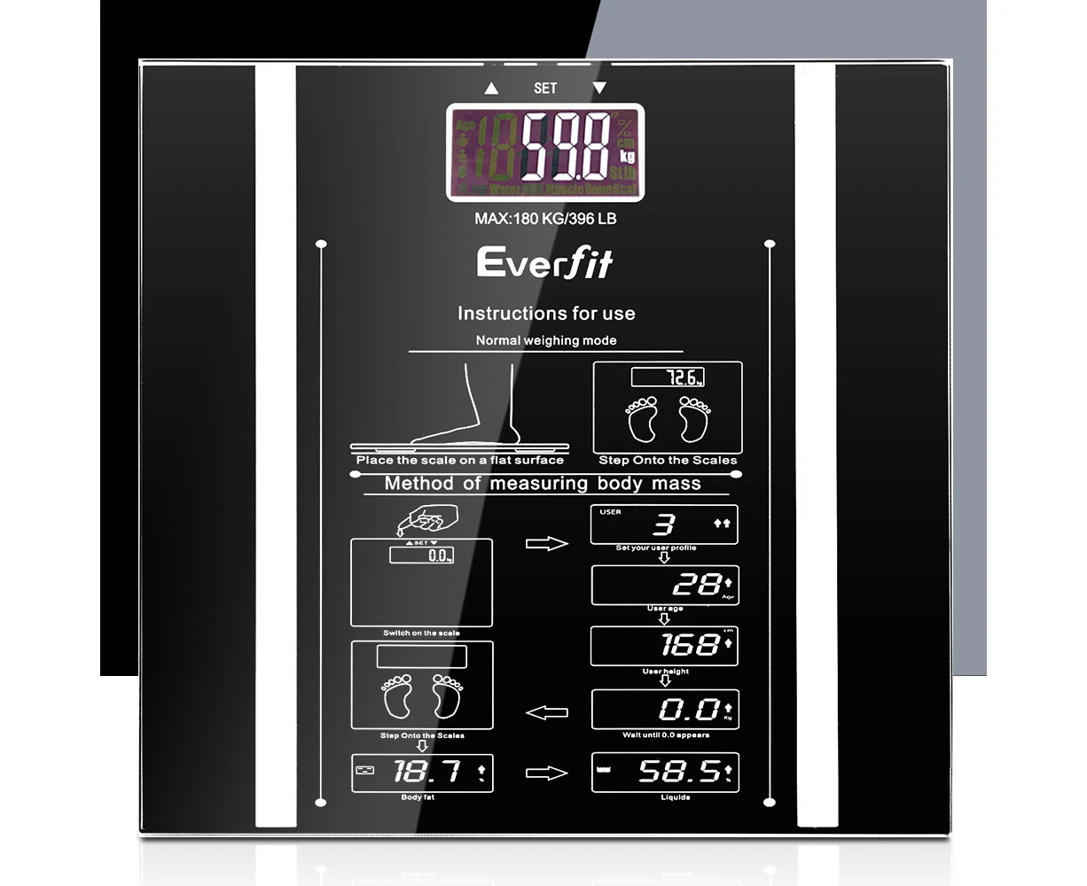 Everfit Body Fat Bathroom Scale Weighing Water Body Fat Gym 180KG