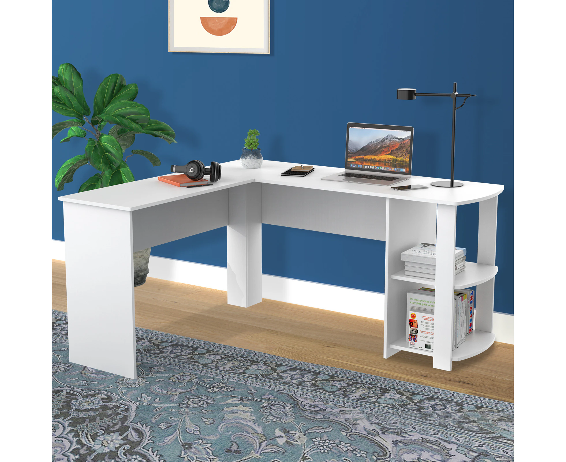 L Shaped Computer Desk with Storage Shelves Study Office Corner Desk Ergonomic Workstation White