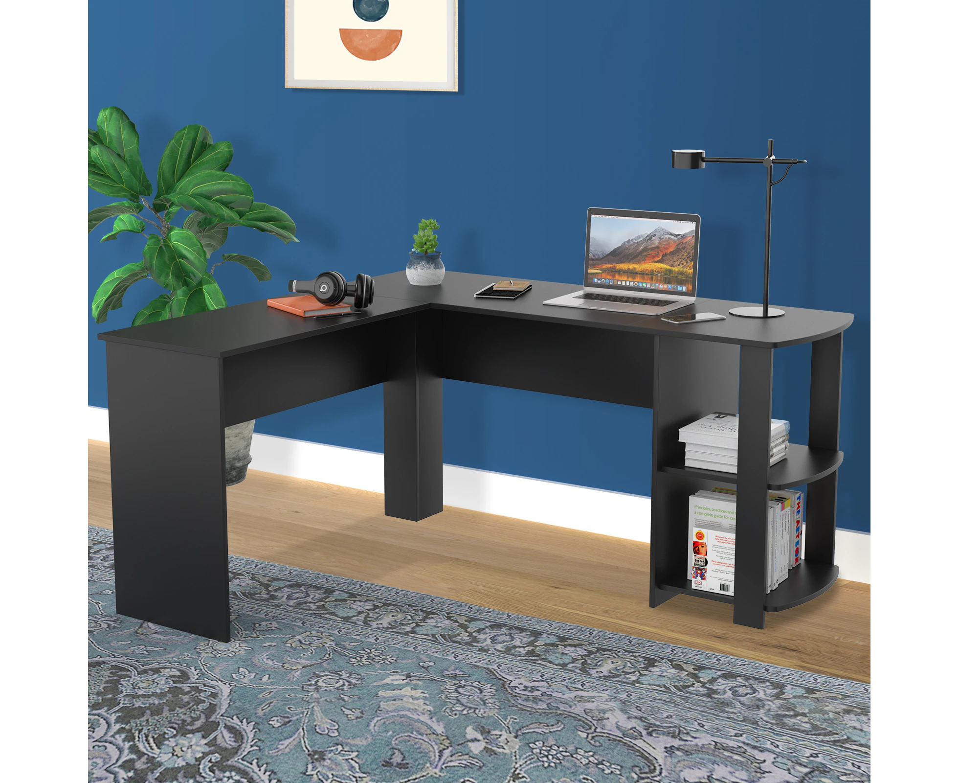 L Shaped Computer Desk with Storage Shelves Study Office Corner Desk Ergonomic Workstation Black