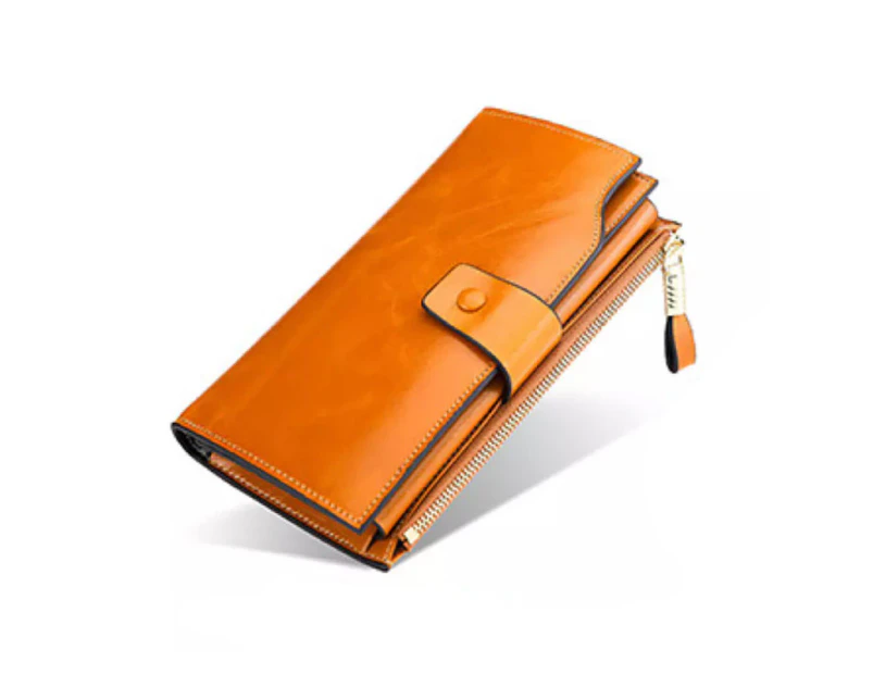 Women's RFID Blocking Large Capacity Luxury Wax Genuine Leather Clutch Wallet Ladies Card holder- Light Brown