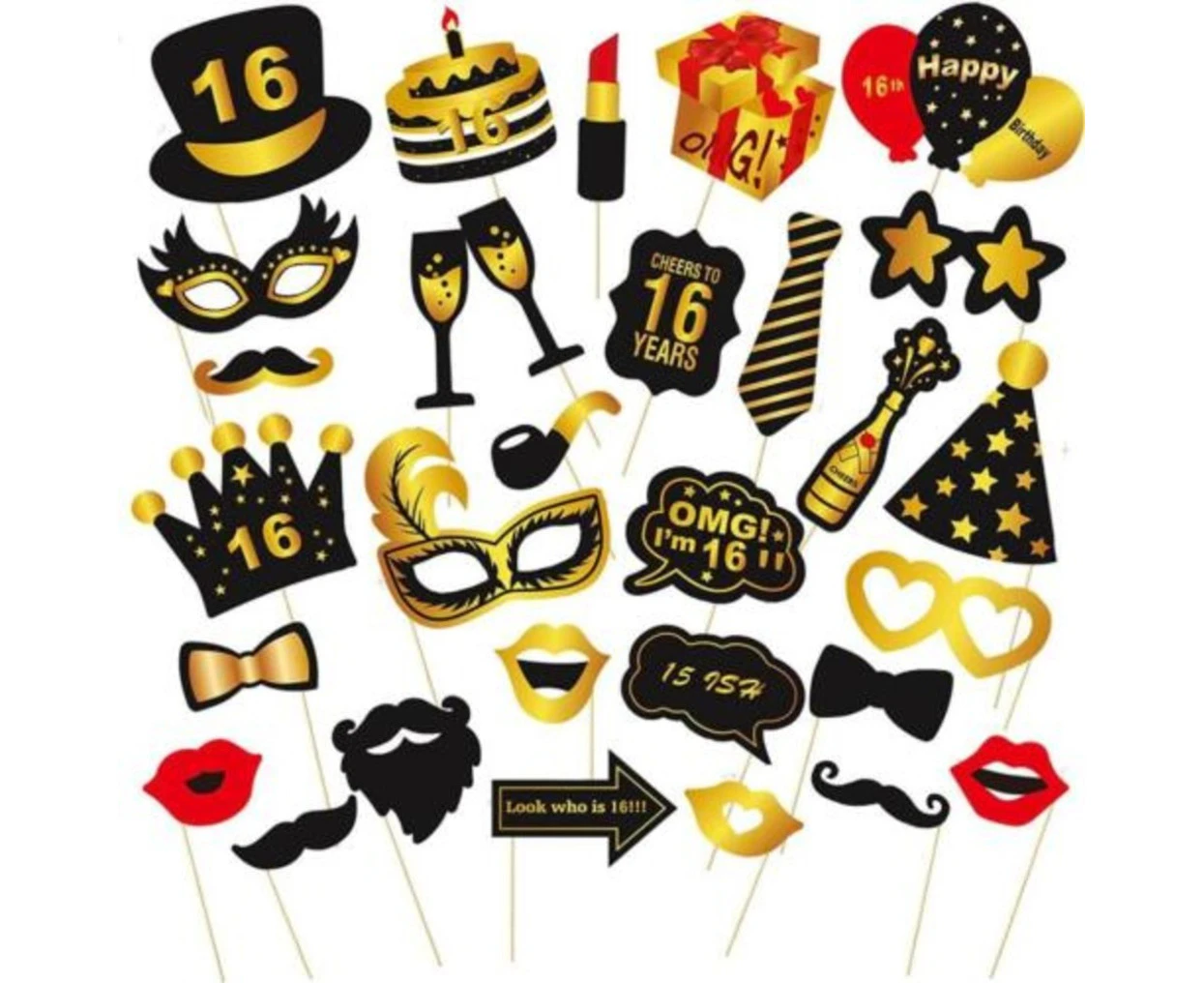 16th Birthday Photo Booth Props Funny Party Supplies Decorations 30pc Gold Black