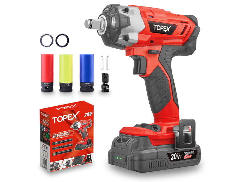 TOPEX 2 in 1 20V Cordless Impact Wrench Driver 1/2" w/ Sockets Battery & Charger (Two Batteries)