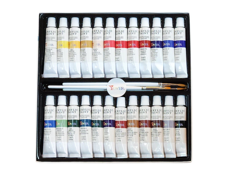 24pce Acrylic Paint Set + 3 Brushes 12ml Aluminium Tubes Artist Gift Bundle - Multiple