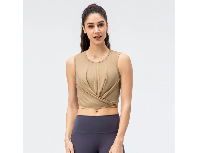WeMeir Women's Sleeveless Yoga Tank Tops Round Neck Workout Shirts Yoga Vest Sports Crop Tops for Women-Brown