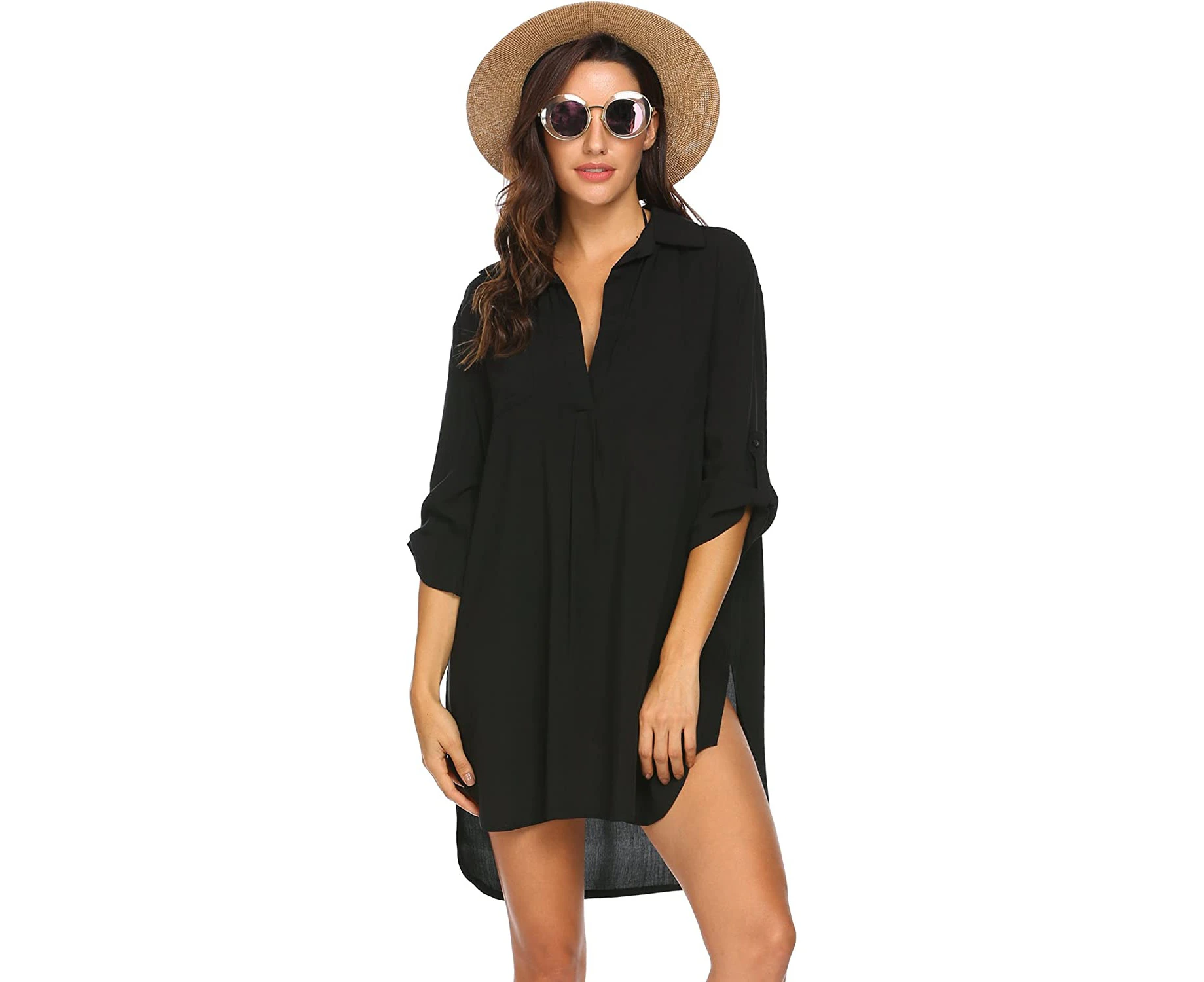 Women's Swimsuit Beach Cover Up Shirt Bikini Beachwear Bathing Suit Beach Dress - Black