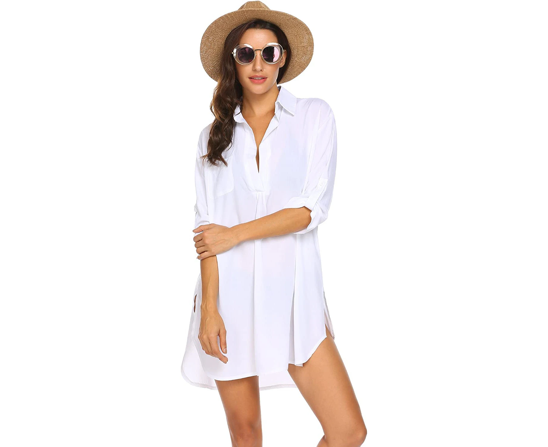 Women's Swimsuit Beach Cover Up Shirt Bikini Beachwear Bathing Suit Beach Dress - White