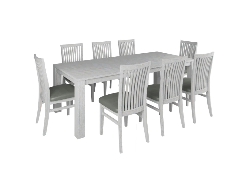 Foxglove 9pc Dining Set 225cm Table 8 PU Seat Chair Solid Mt Ash Wood - White