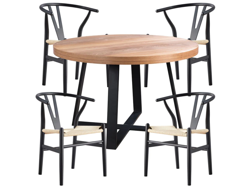 Petunia  5pc 120cm Round Dining Table Set 4 Wishbone Chair Elm Timber Wood