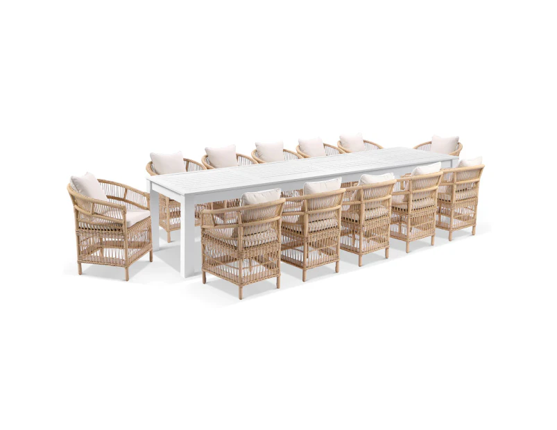 Outdoor Santorini 3.55 Outdoor Rectangle Aluminium Dining Table With 12 Malawi Chairs - Outdoor Aluminium Dining Settings - White Aluminium Table with Wheat Wicker Chairs