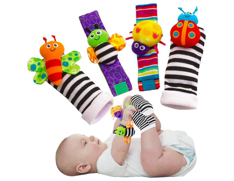 Cute Animal Soft Baby Socks Toys Wrist Rattles and Foot Finders for Fun Butterflies and Lady bugs Set 4 pcs - Multi
