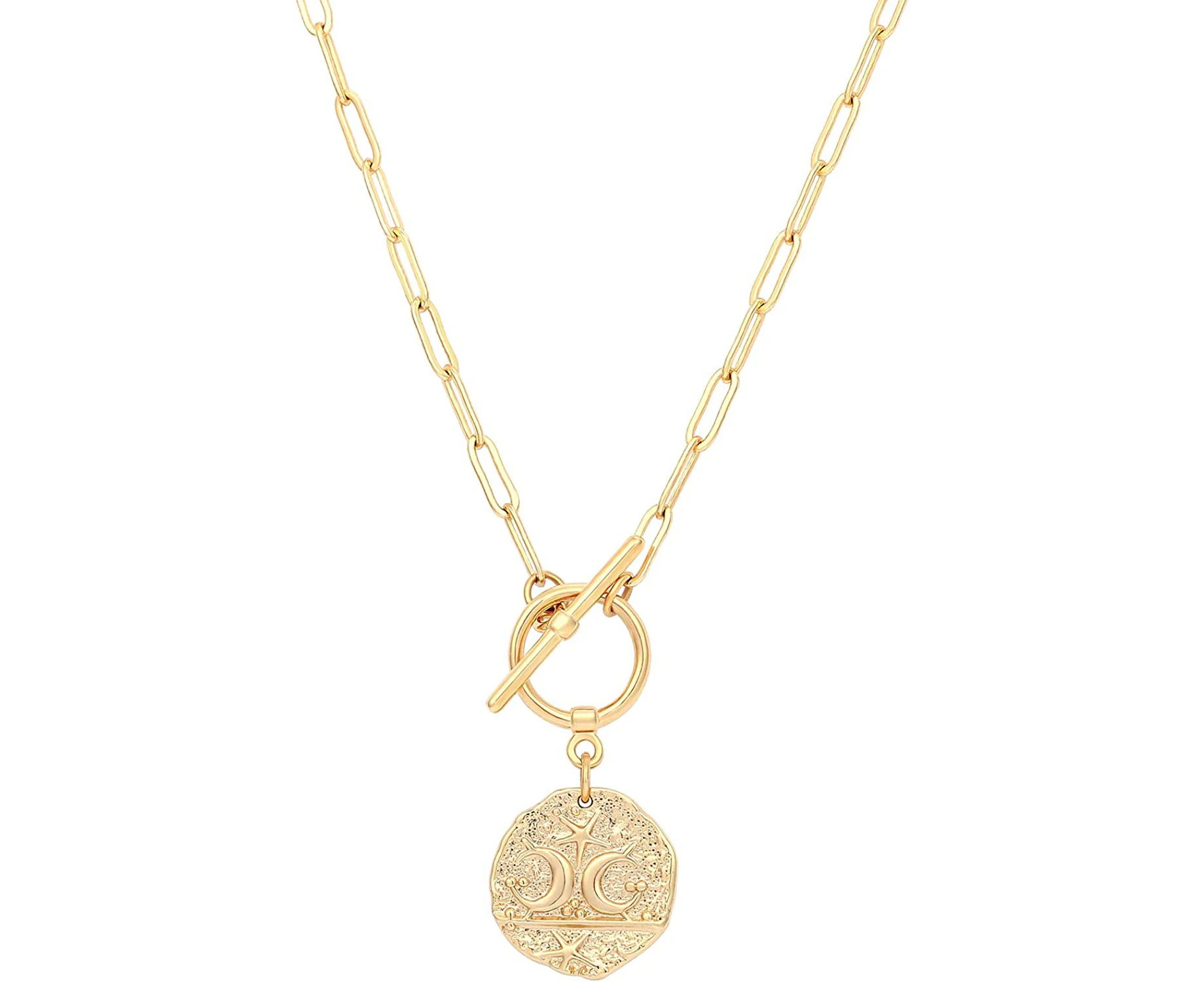 Moon and Star Medallion Pendant Necklace 18k Gold Oval Link Chain Choker Large Celestial Charm Layering Jewelry