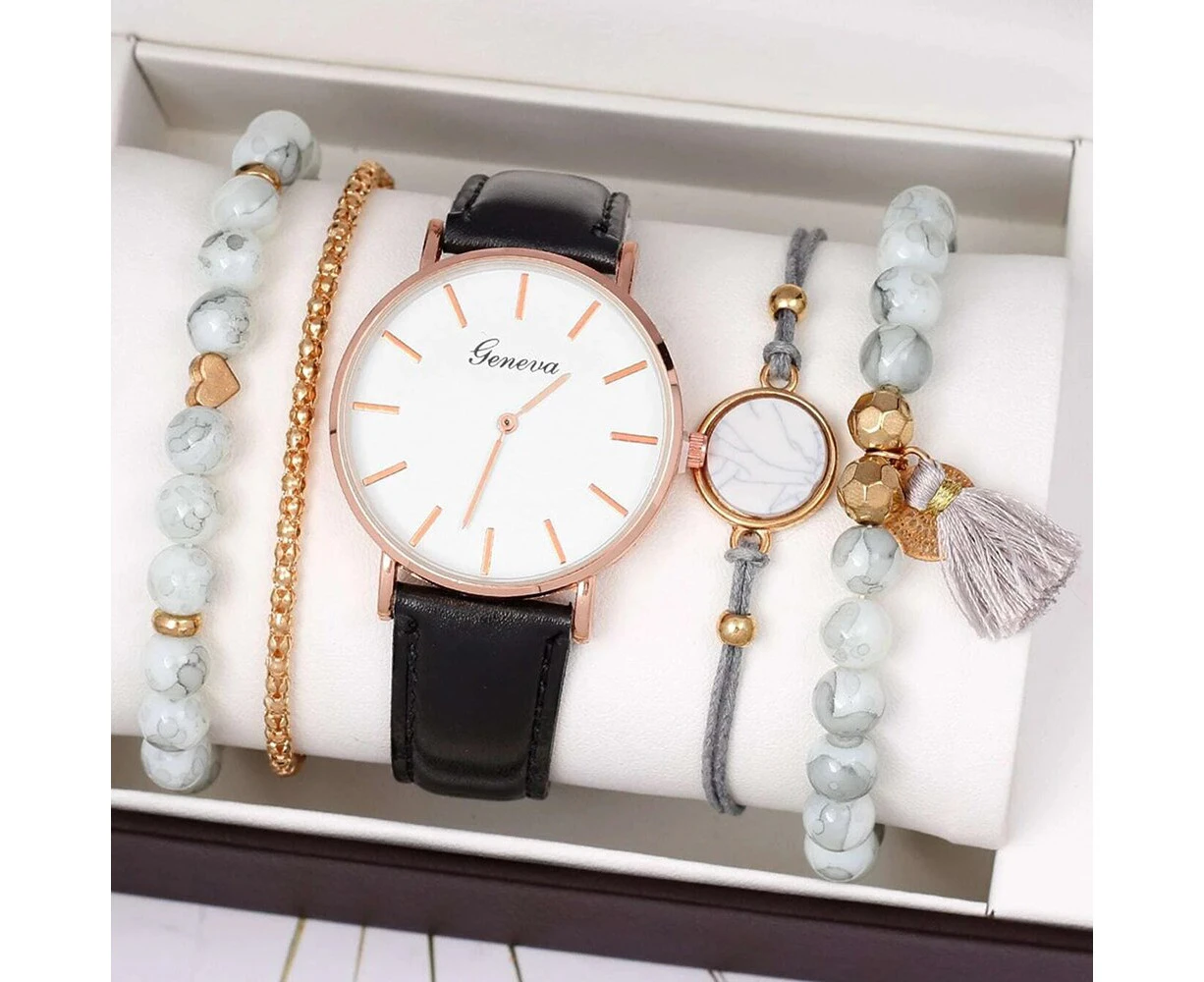 5PCS Women Watches Set New Rose Gold Green Ladies Bracelet Watch Wristwatch Womens Quartz Dress Clock Ladies Feminino Reloj - Black