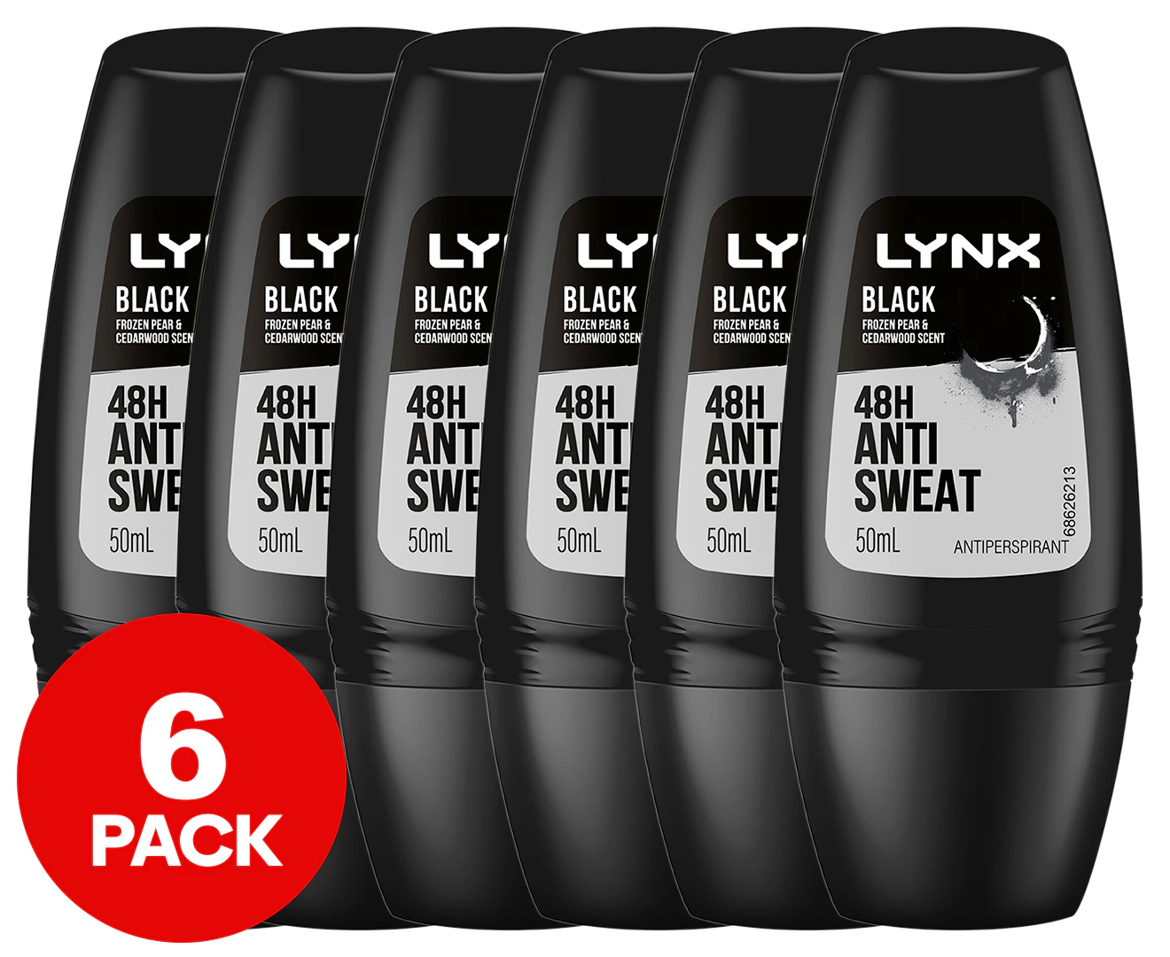 6 x Lynx Men 50ml Antiperspirant Roll On 48Hr Sweat Protection f/Underarms Black