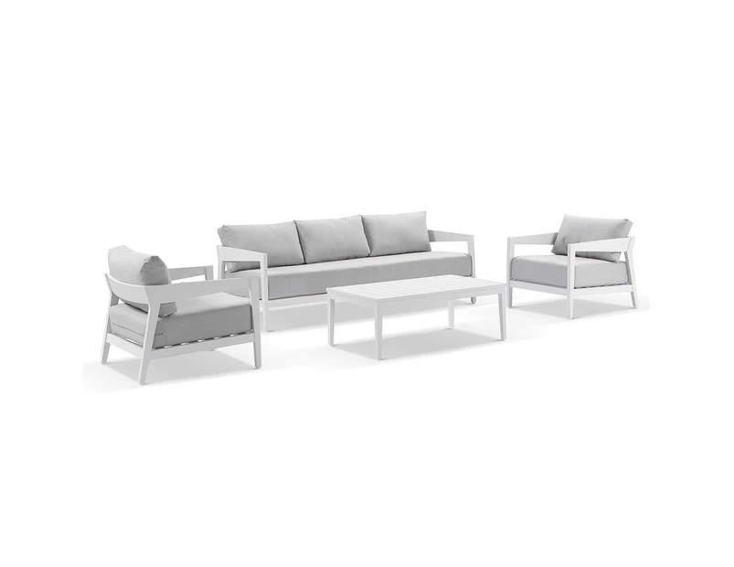 Outdoor Bronte 3+1+1 Outdoor Aluminium Lounge Setting With Coffee Table - Outdoor Aluminium Dining Settings - White Aluminium with Olefin Light Grey Cushions