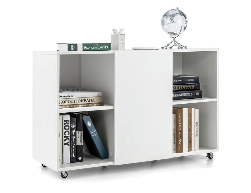 Giantex Mobile Bookcase Wood Storage Cabinet w/Compartments & Wheels Printer Stand Home Office Filing Cabinet,White