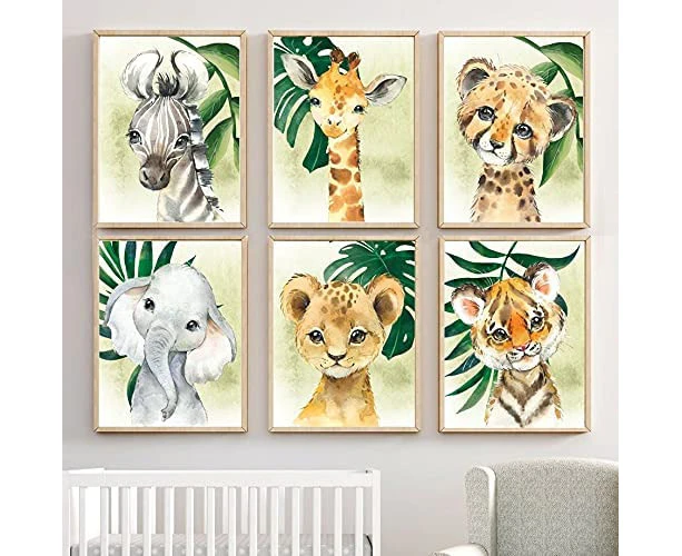 Little Baby Watercolor Animal Jungle Safari Prints Set of 6 (Unframed) Kids Room Decor Art