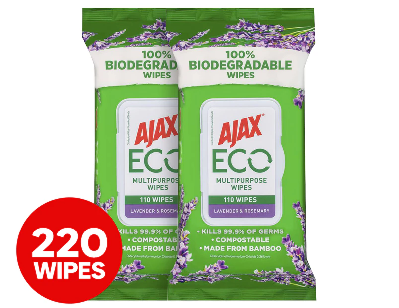 2 x 110pk Ajax Eco Antibacterial Wipes Lavender & Rosemary