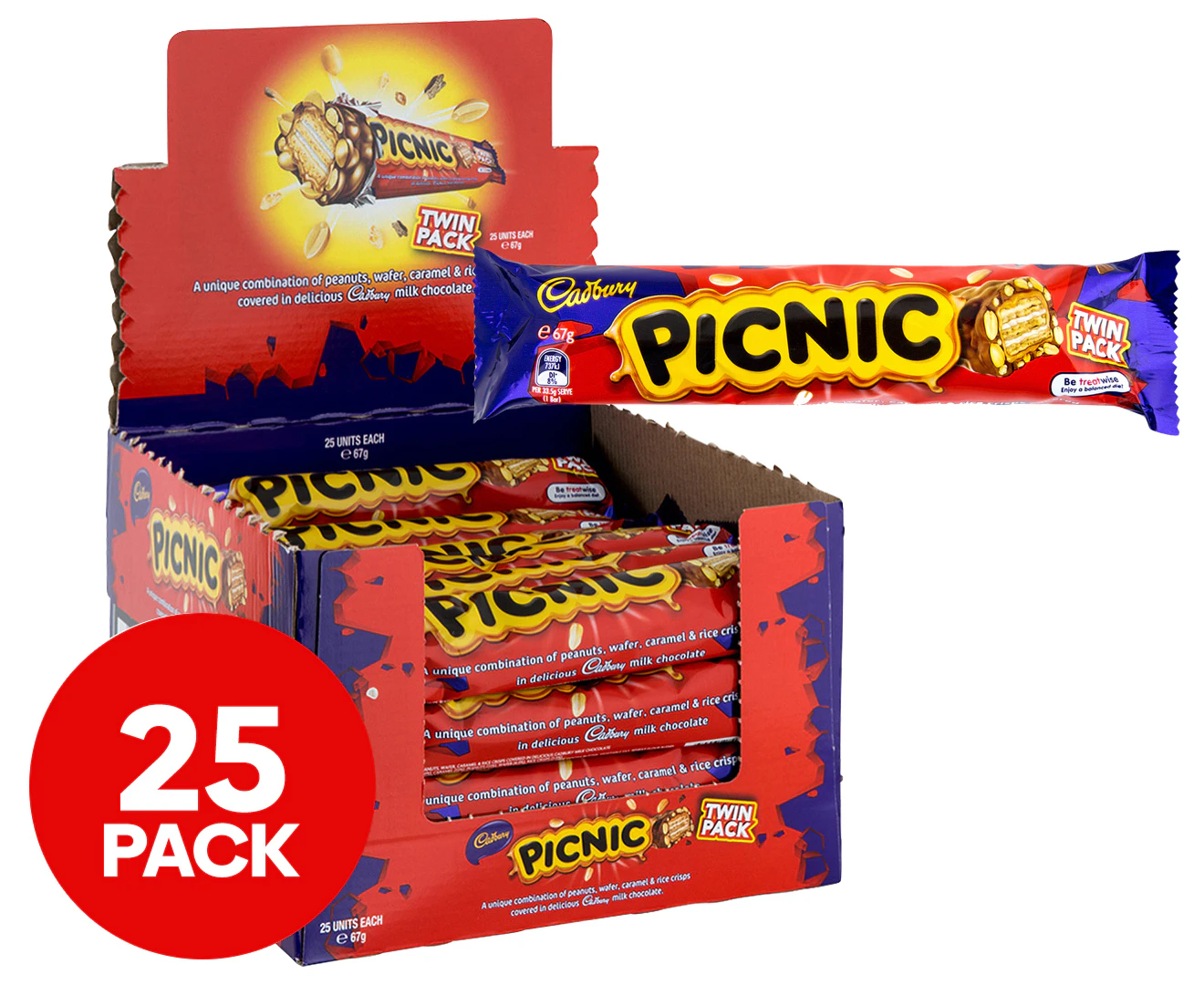 25 x Cadbury Picnic Bars Twin Pack 67g