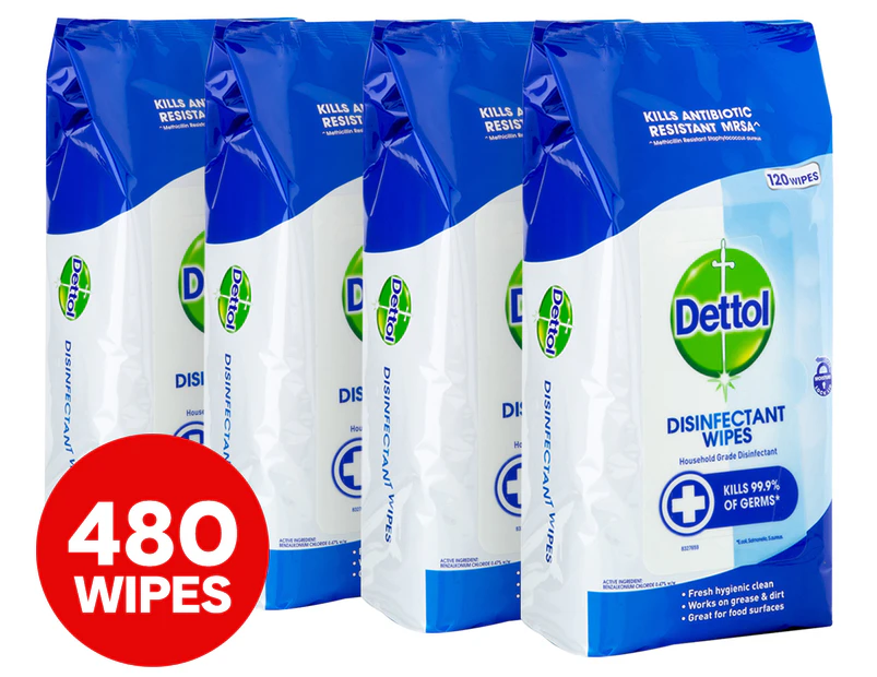 4 x 120pk Dettol Antibacterial Disinfectant Cleaning Wipes