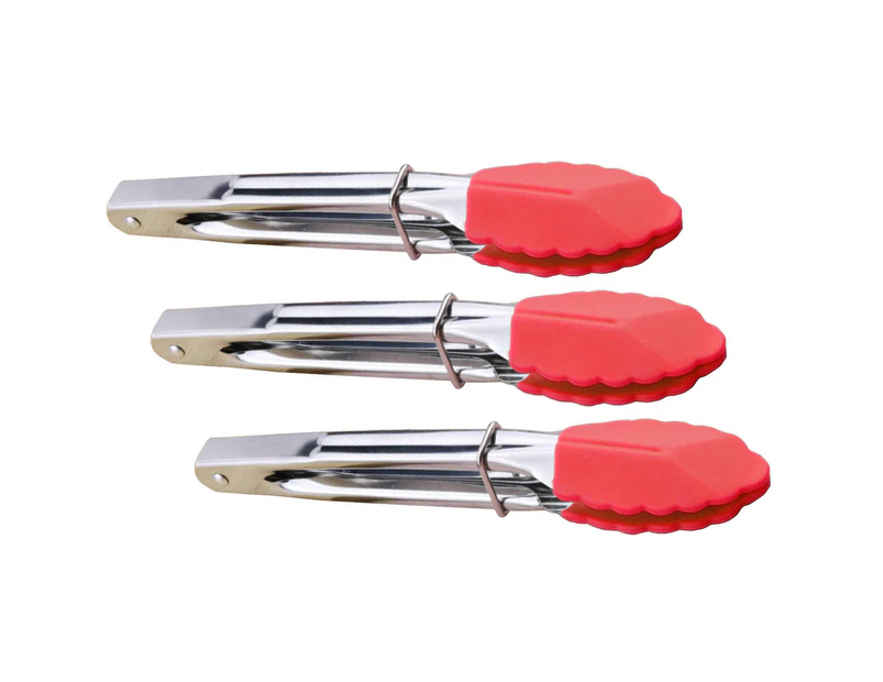 Small Tongs With Silicone Tips 7 Inch Kitchen Tongs - Set Of 3 - Great For Serving Food, Cooking, Salad, Grilling And More (Red) - Red