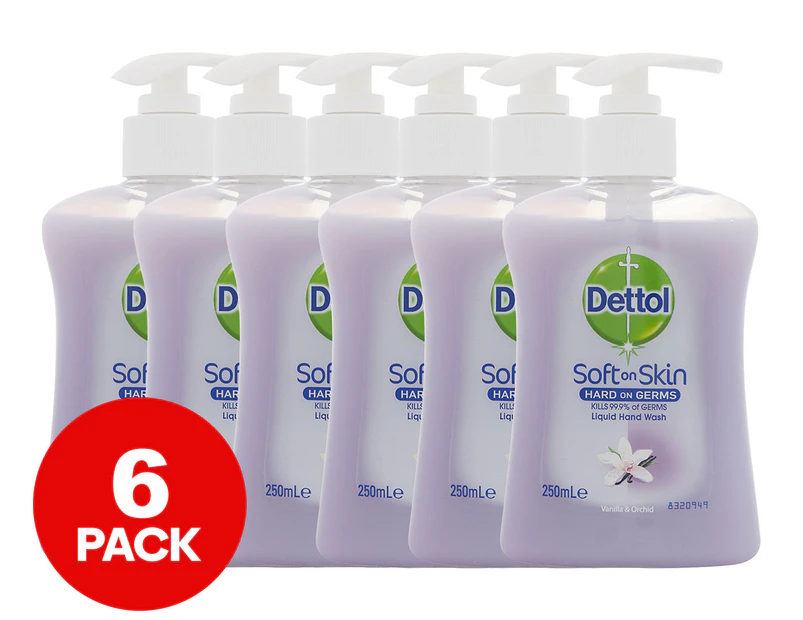 6 x Dettol Soft On Skin Antibacterial Liquid Handwash Vanilla & Orchid 250mL