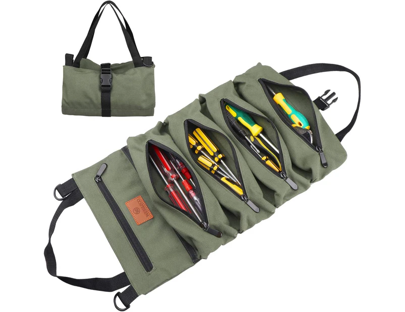 Roll Up Tool Bag 16OZ Canvas Wrench Roll Up Pouch Multi-Purpose Tool Roll Organize 5 Zippered Tool Pockets -Green