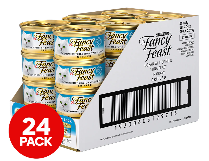 24 x Fancy Feast Wet Cat Food Grilled Ocean Whitefish & Tuna In Gravy 85g