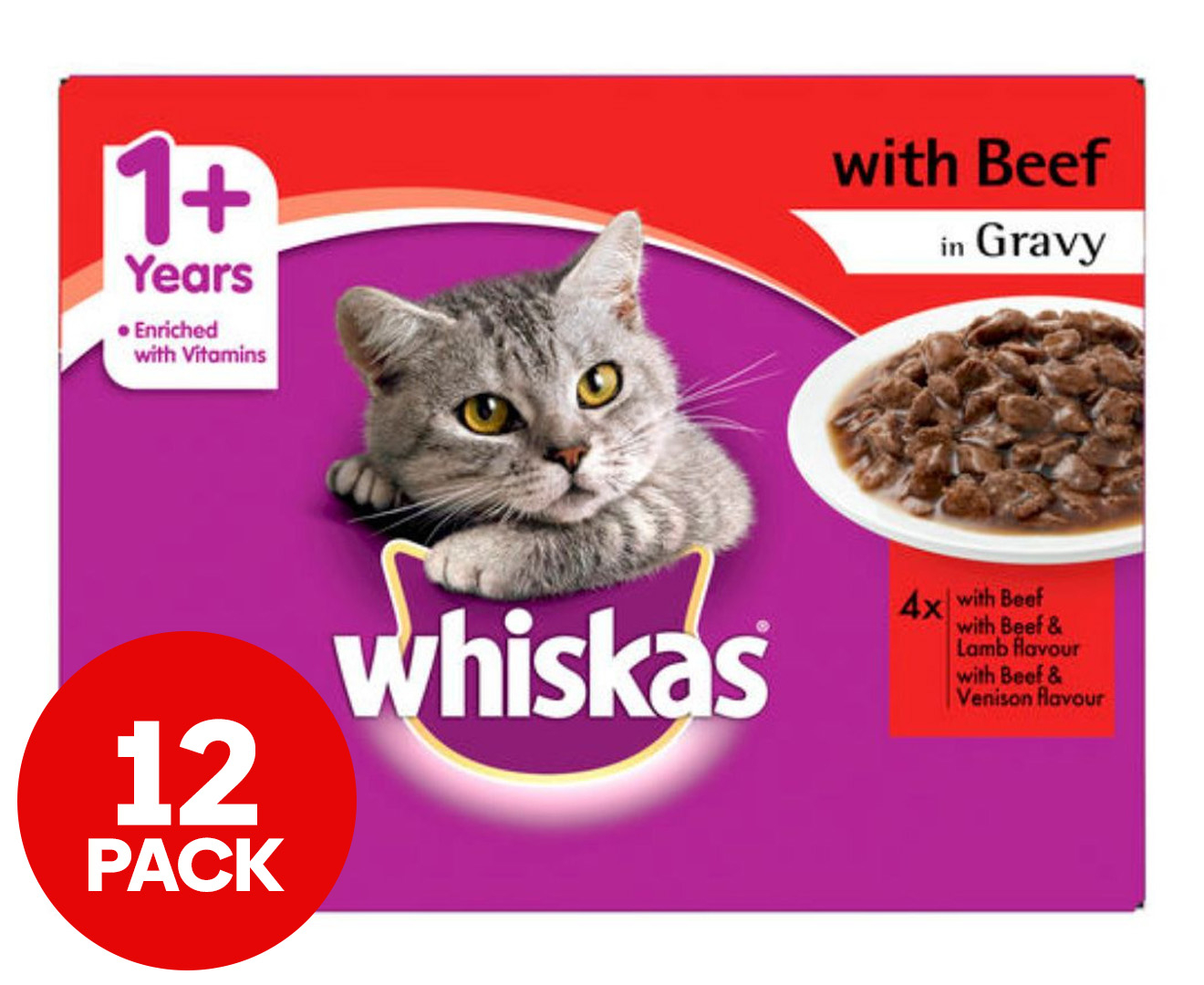 Whiskas Beef in Gravy Variety Adult Wet Cat Food 12x85g 