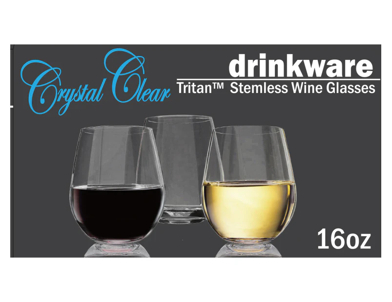 CRYSTAL CLEAR TRITAN STEMLESS WHITE WINE GLASSES 16 OZ set of 4