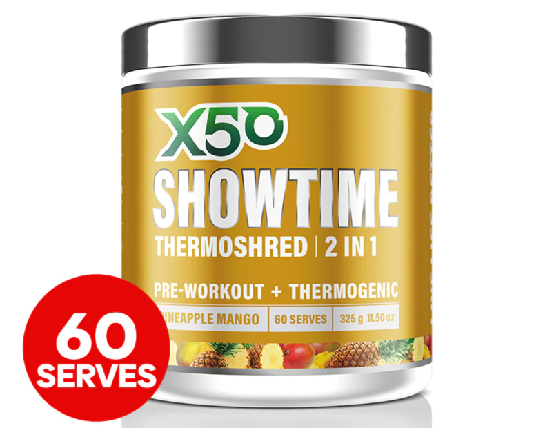 X50 Showtime Thermoshred 2 In 1 Pre-Workout Thermogenic Powder Pineapple Mango 325g 60 Serves