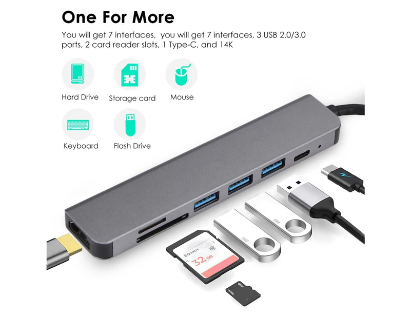 7-in-1 4K HDMI-compatible Multiport USB 3.0 to USB-C Docking Station Hub Adapter for PC Computer Laptop